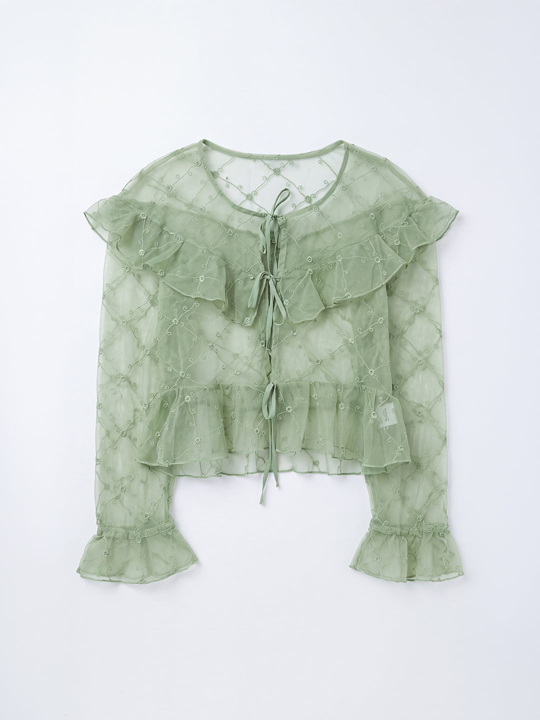 Rosette Embroidered Sheer Blouse (Soft Sage)