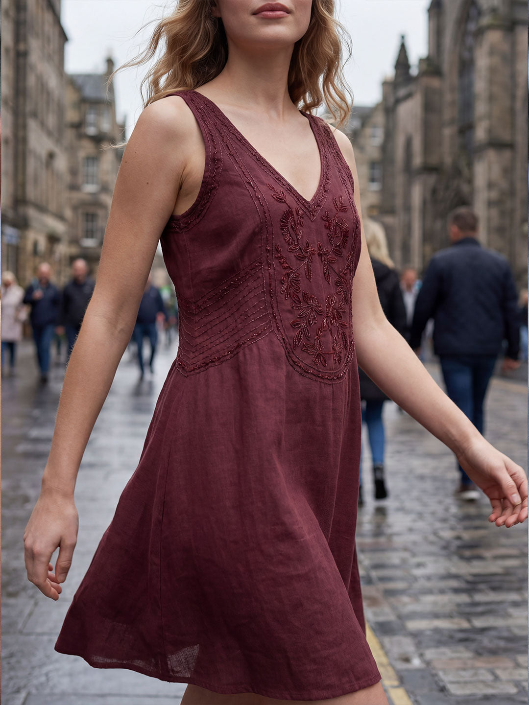 Embroidered V-Neck Mini Dress