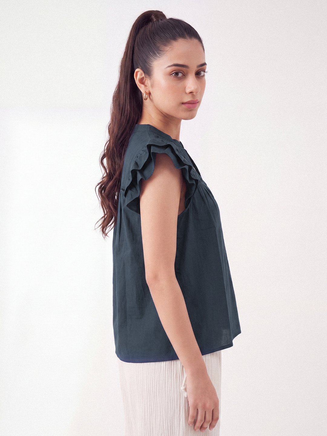 Schiffli Flutter Sleeve Top (Blue)