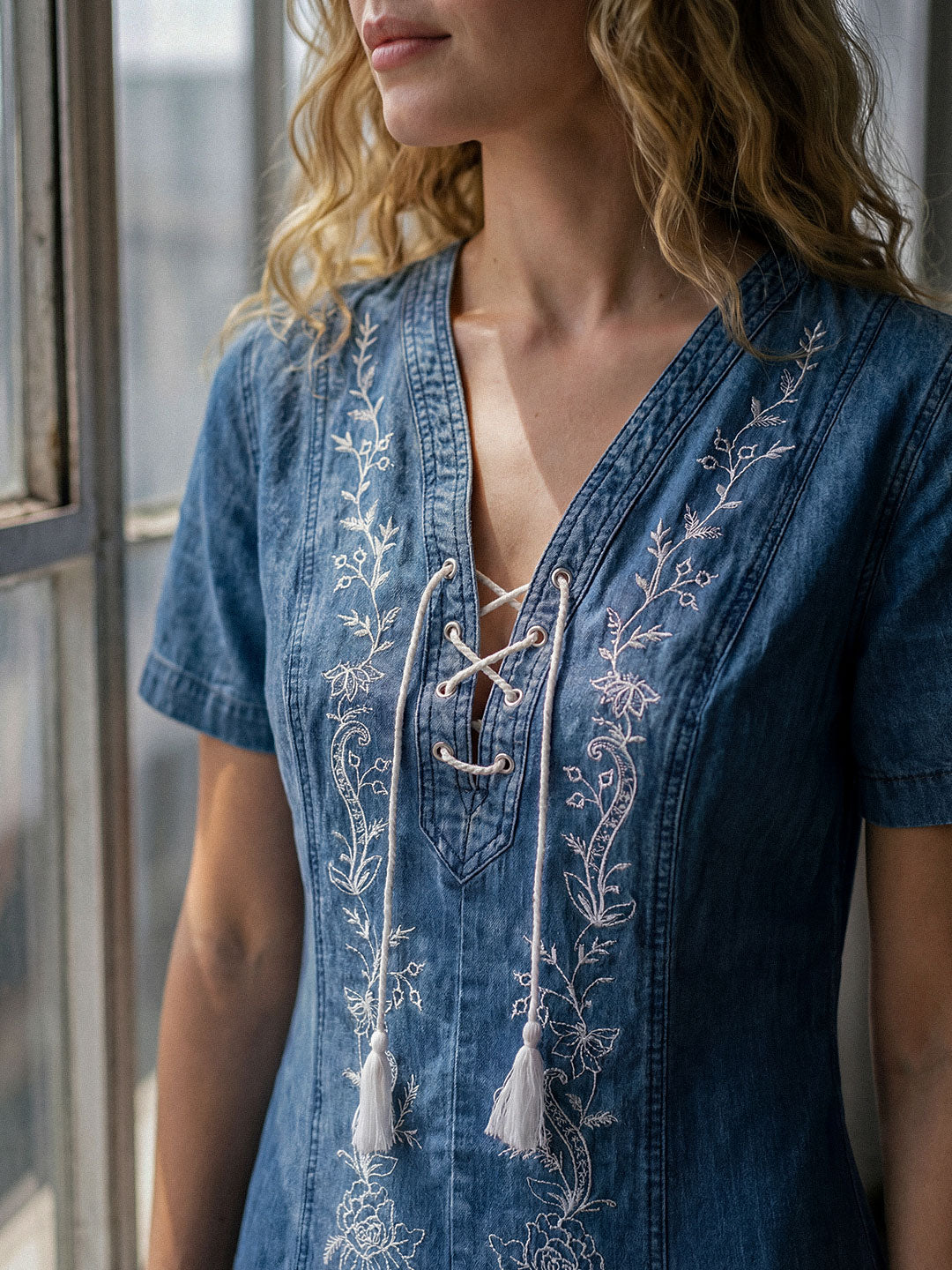 Embroidered lace-up dress