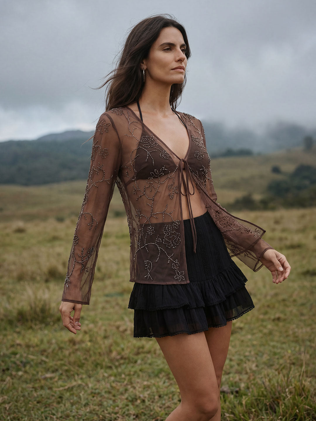 Mocha Beaded Mesh Tie-Top