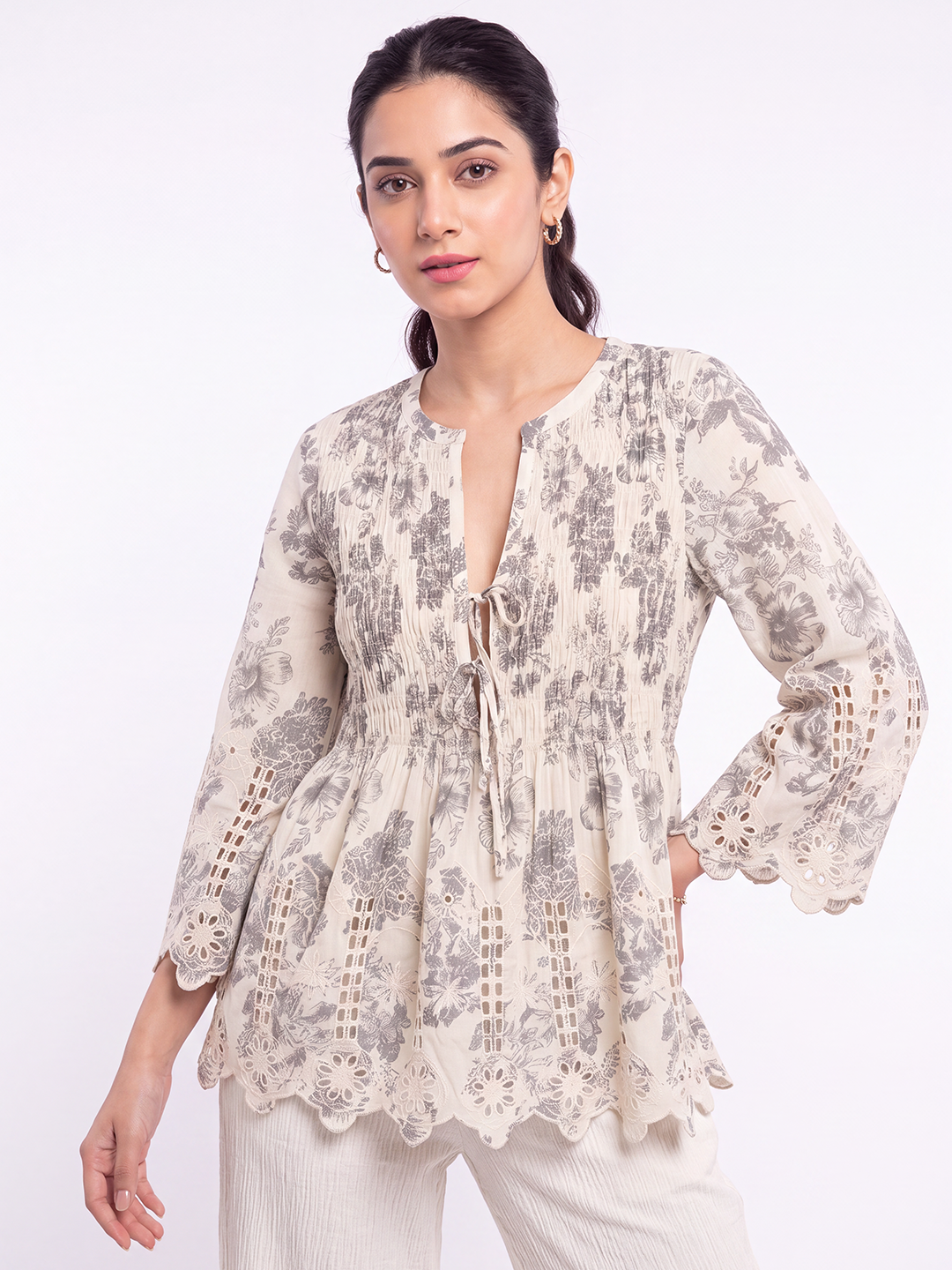 Printed Front-Tie Blouse