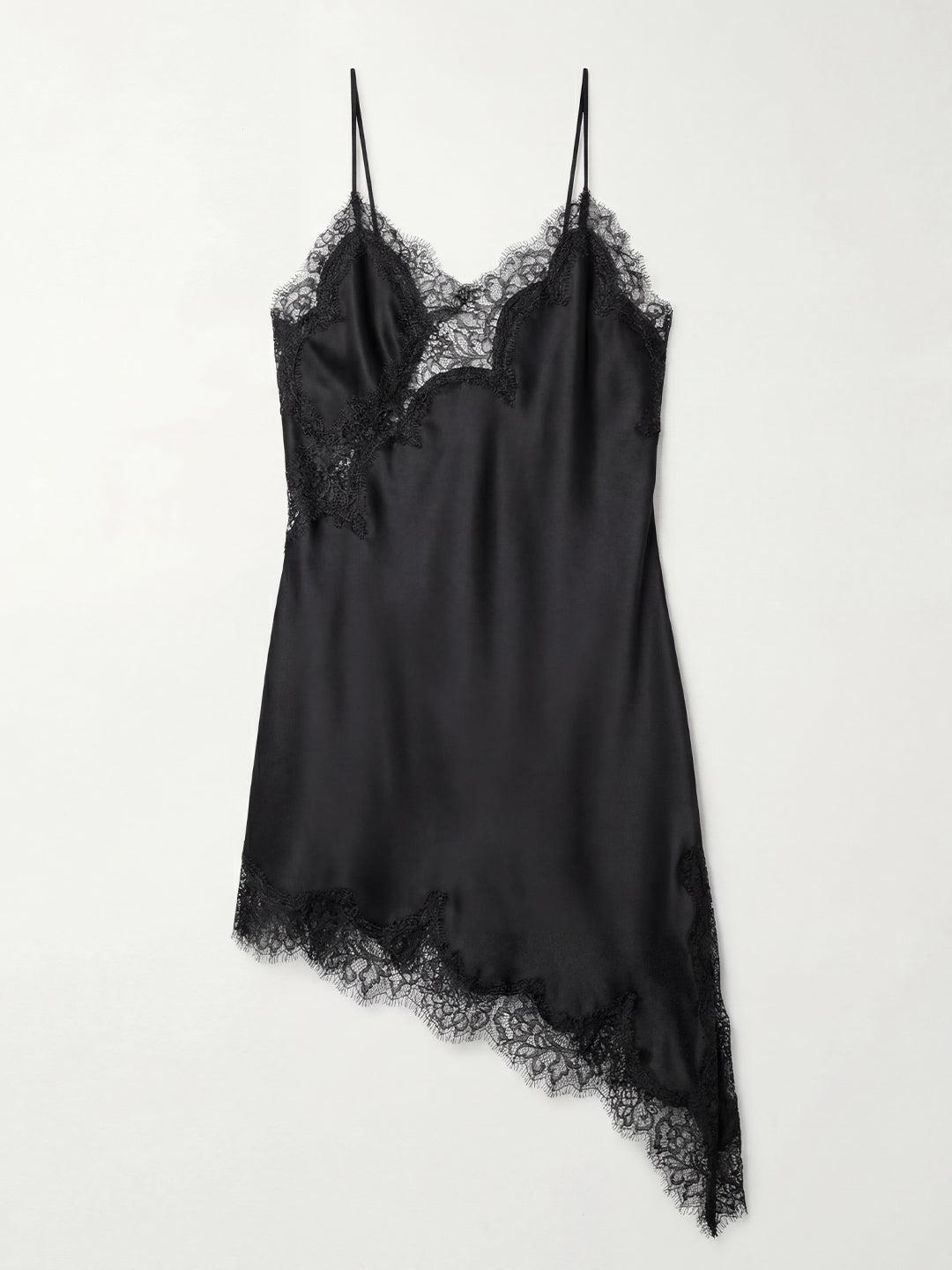 Asymmetric Lace-Trim Satin Slip Dress