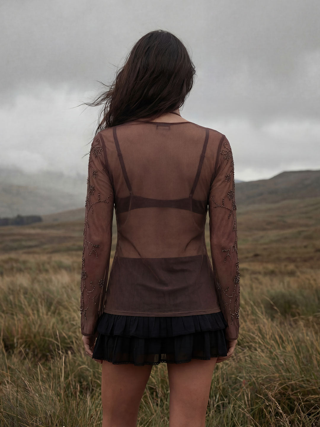 Mocha Beaded Mesh Tie-Top