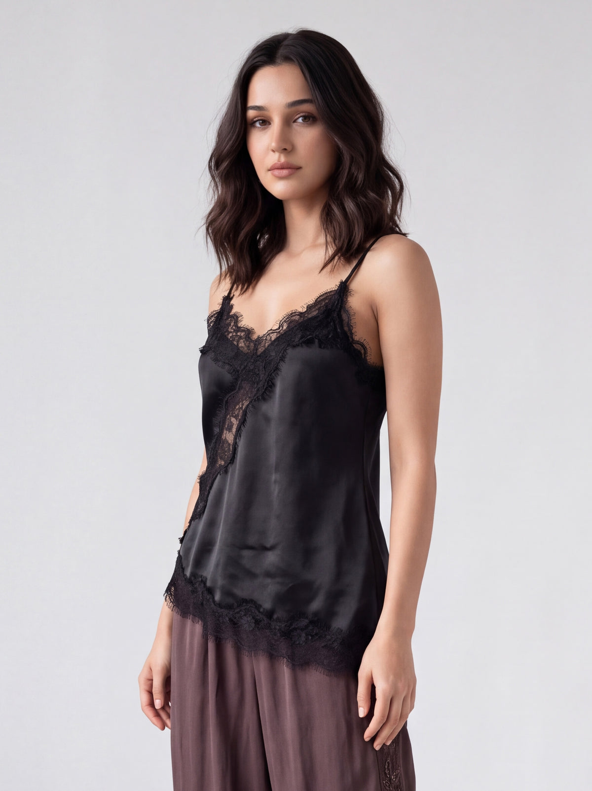 Lace-Trim Satin Cami Top (Black)