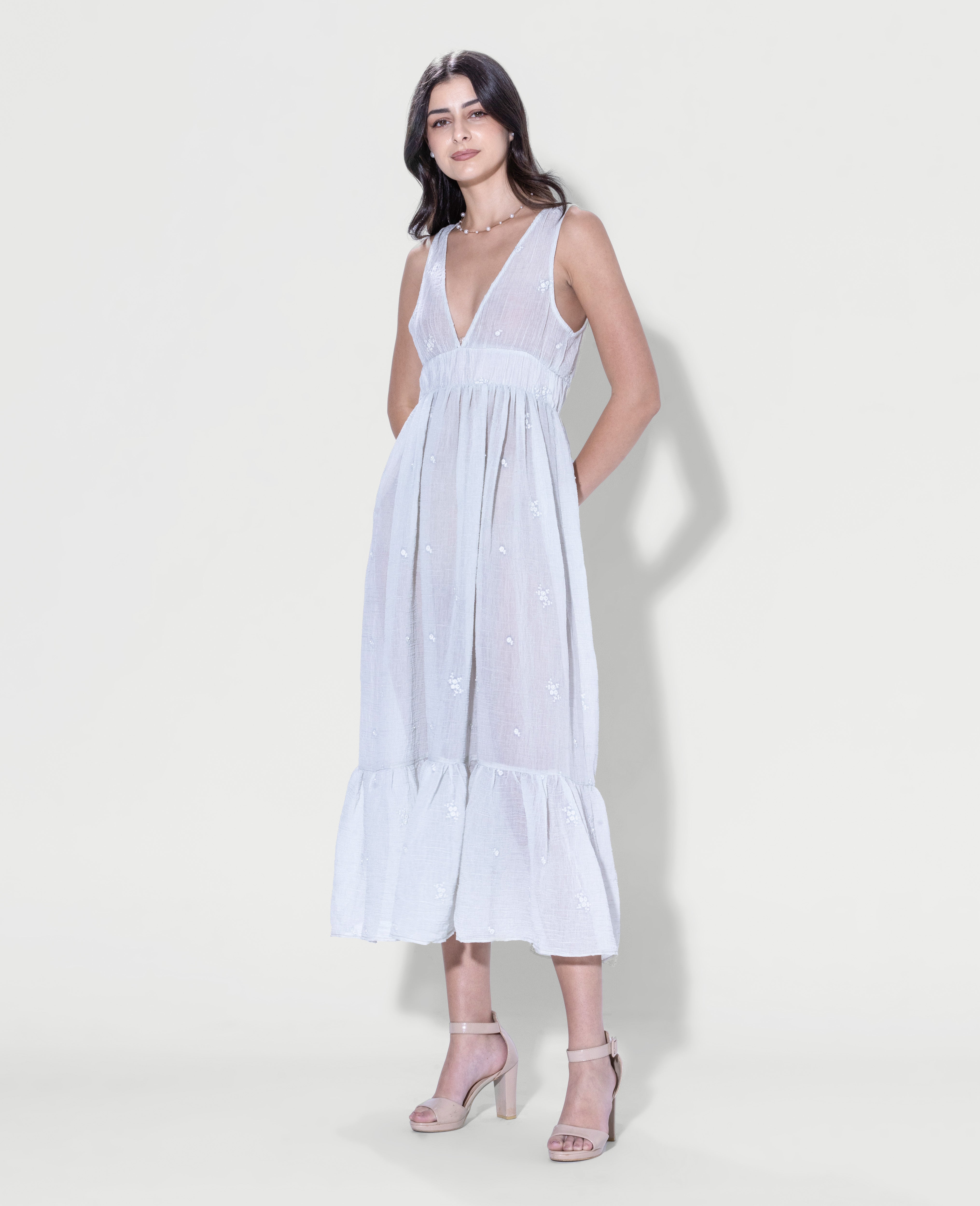 Plunging Embroidered Maxi Dress