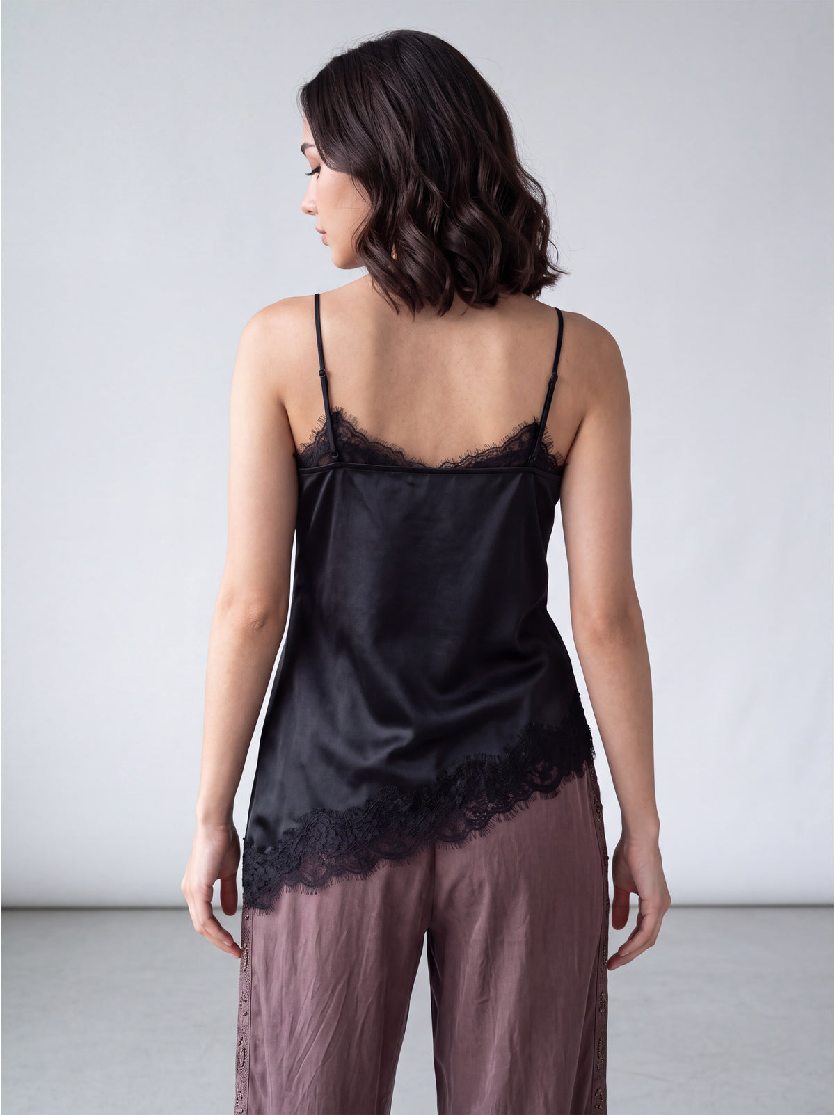 Lace-Trim Satin Cami Top (Black)