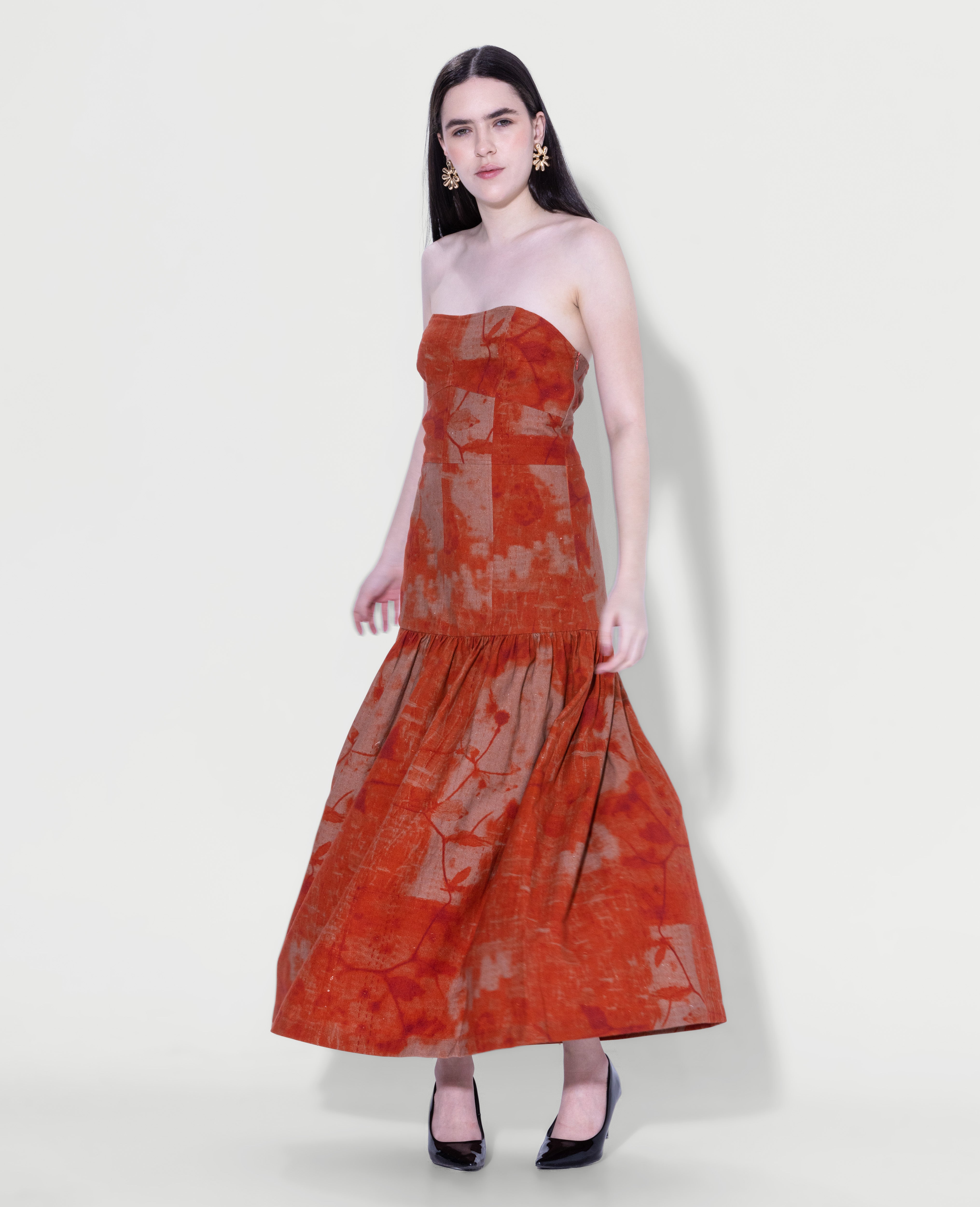 Strapless printed maxi dress