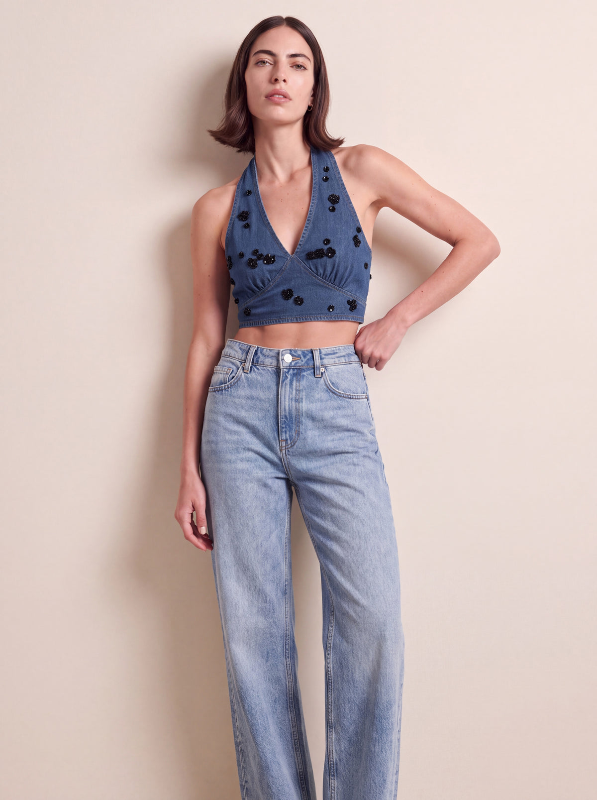 Embellished halter crop top