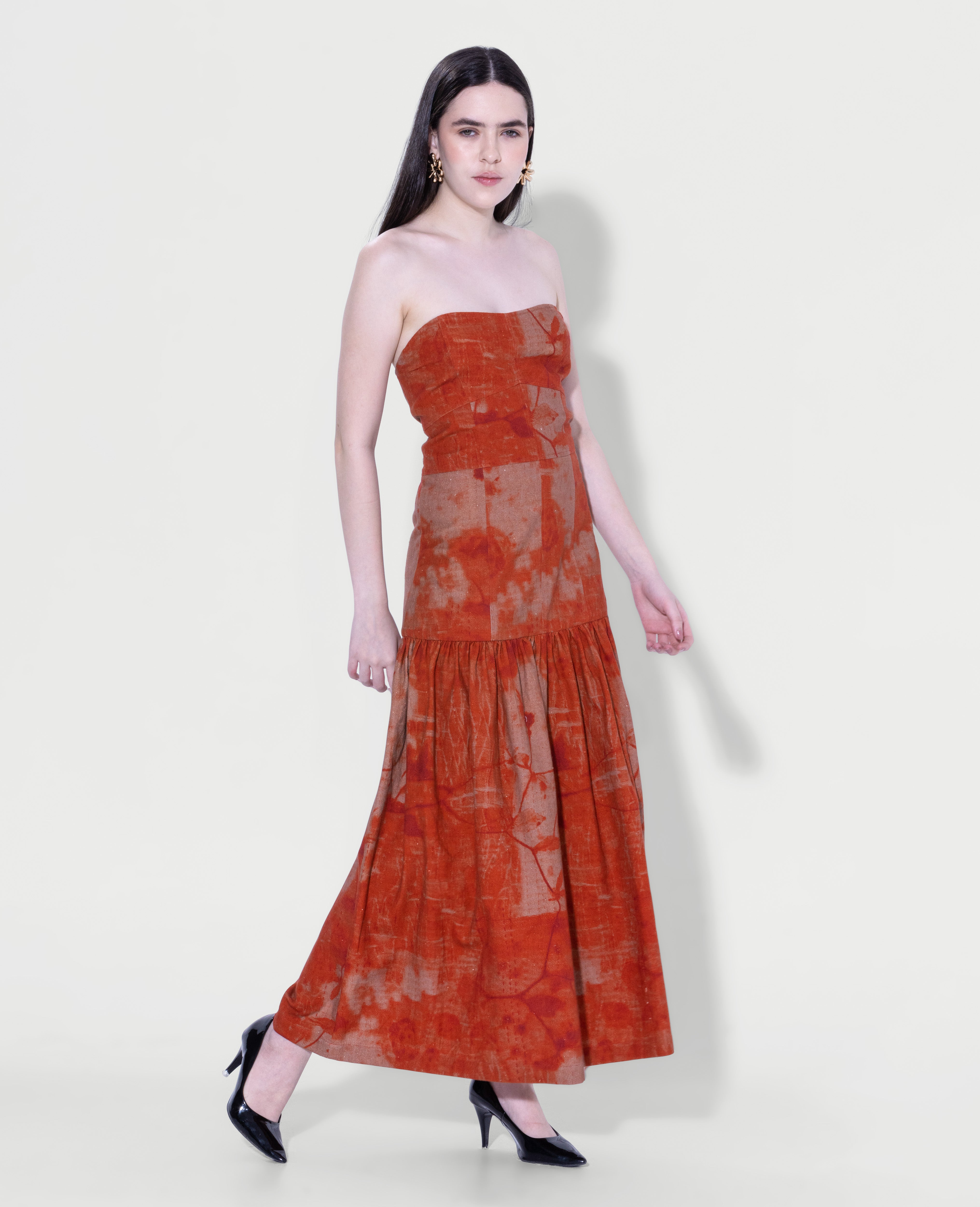 Strapless printed maxi dress