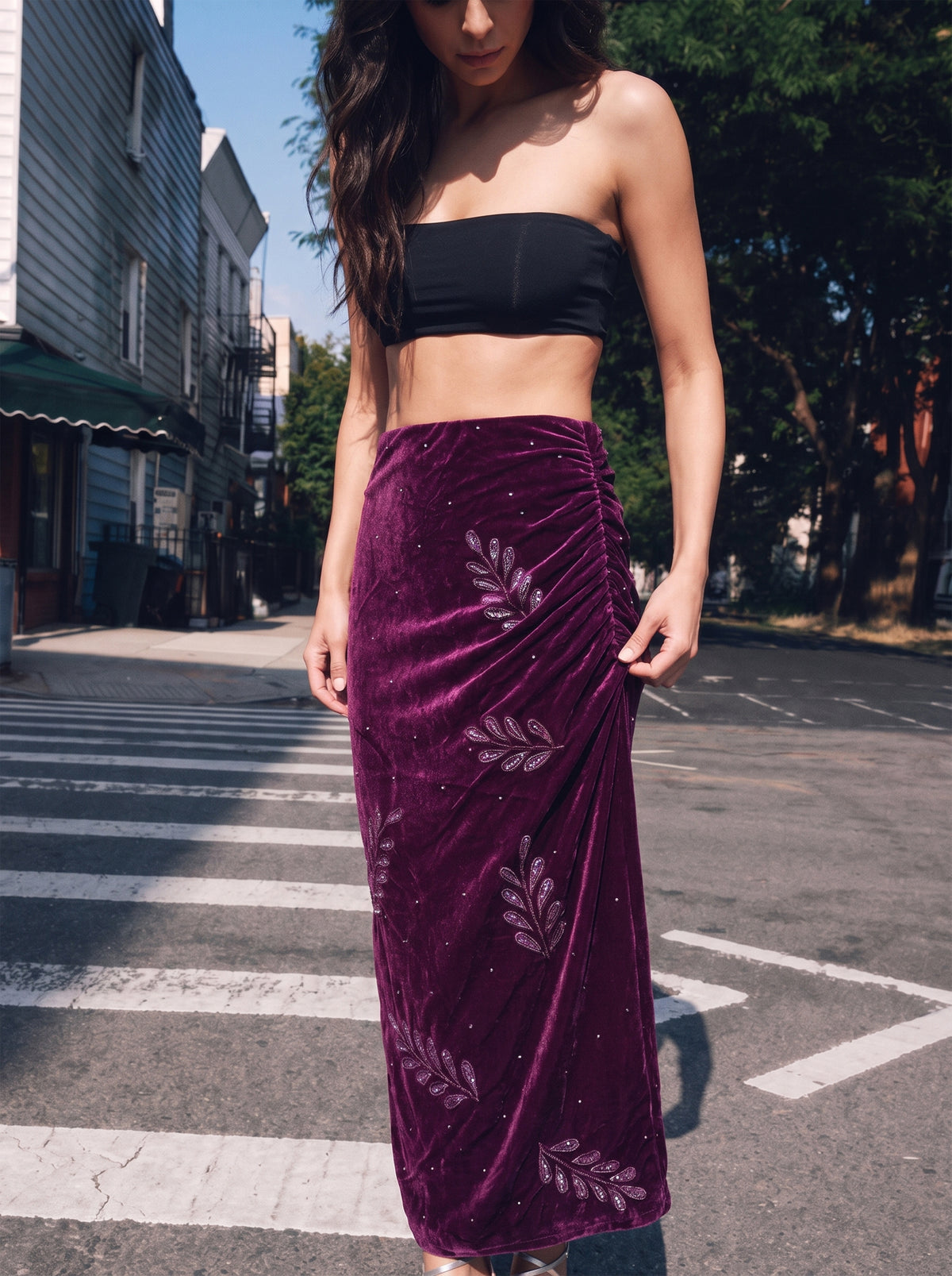 Embellished Velvet Draped Skirt
