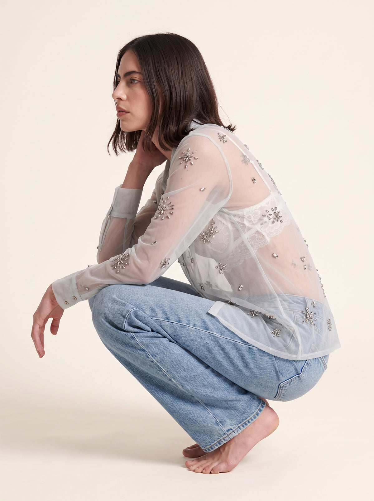 Night-Sky Embellished Mesh Shirt