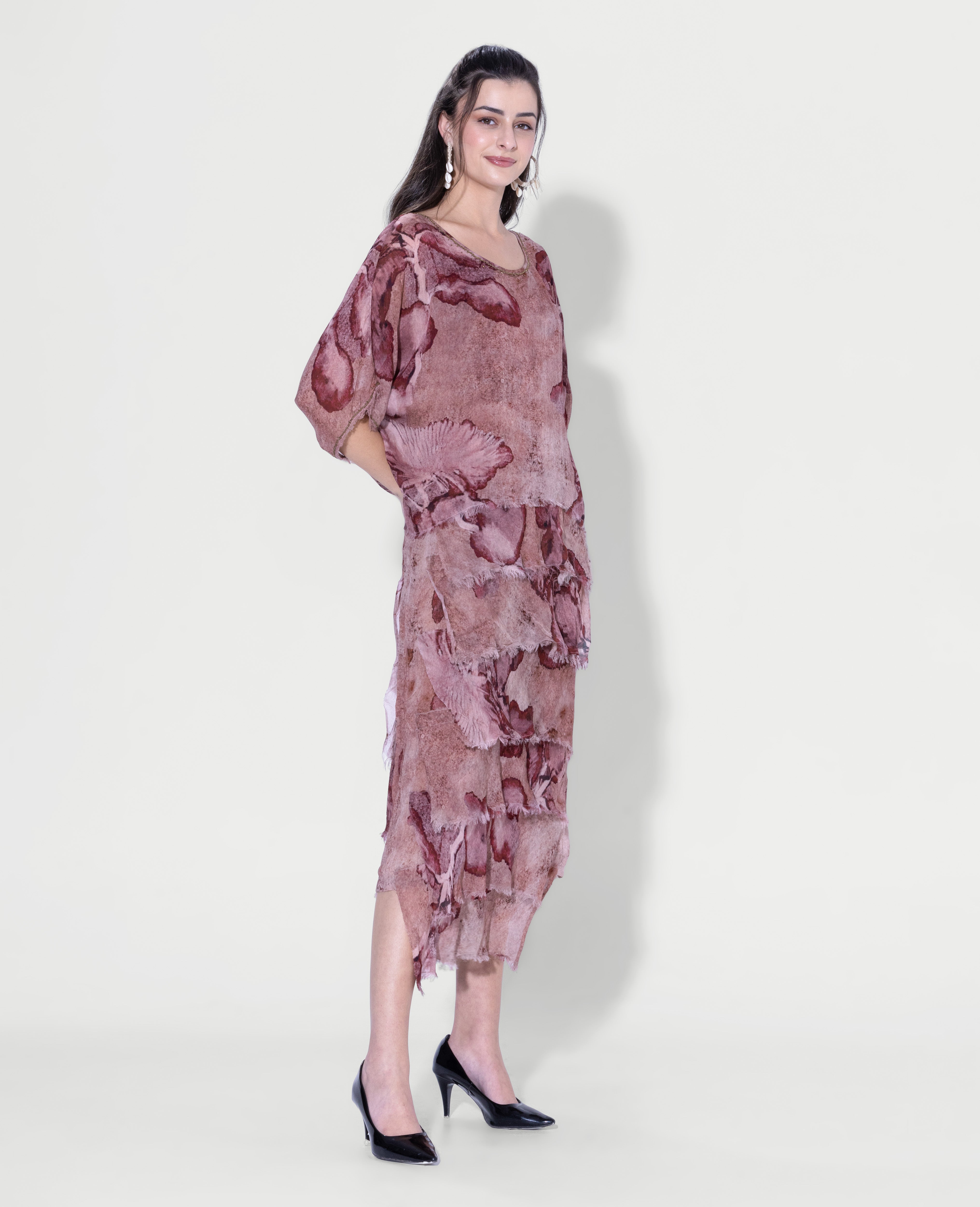 Textured Floral Print Midi Dress