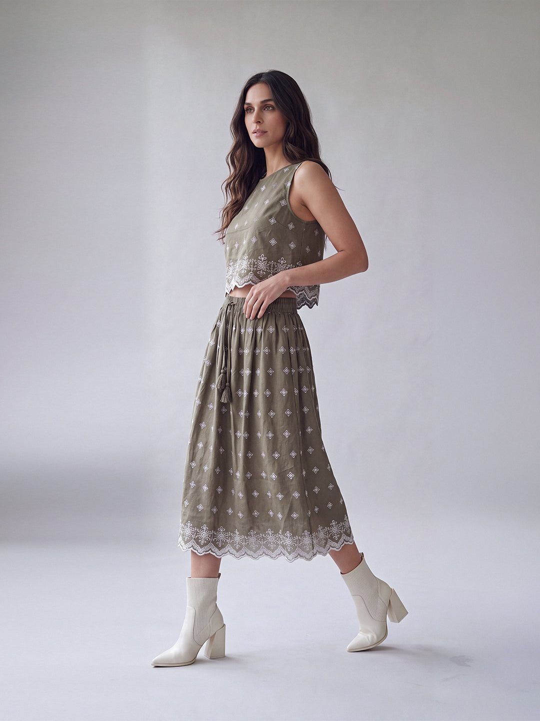 Olive Bloom Embroidered Skirt