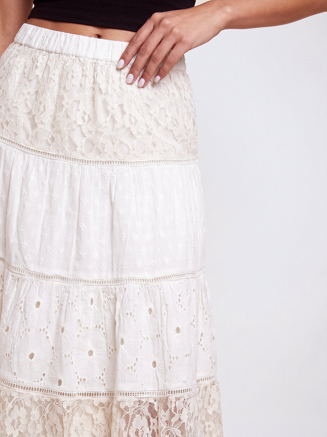 Vintage Cream Lace Tiered Maxi Skirt