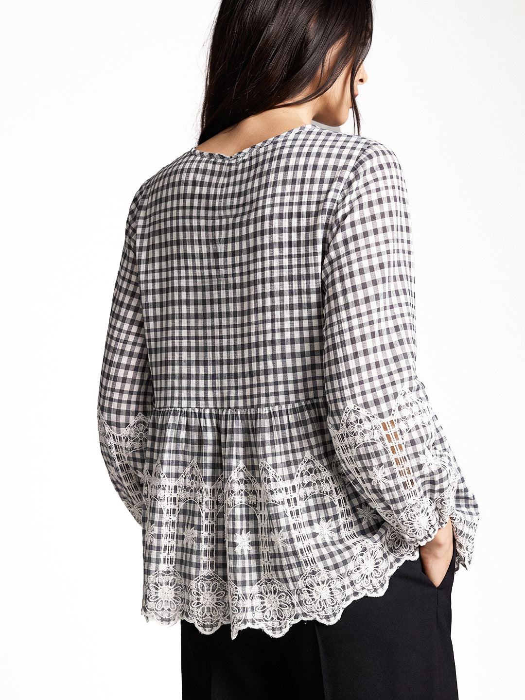 Checked Lace Trim Tie Top