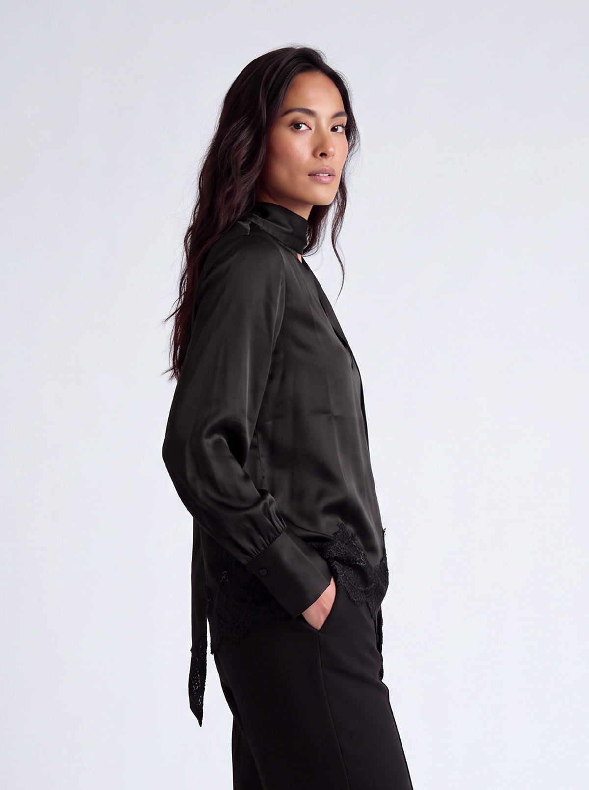 Tie-detailed lace trimmed top