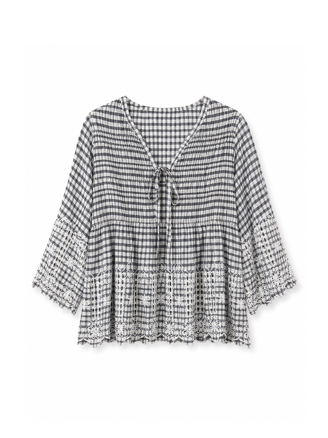 Checked Lace Trim Tie Top