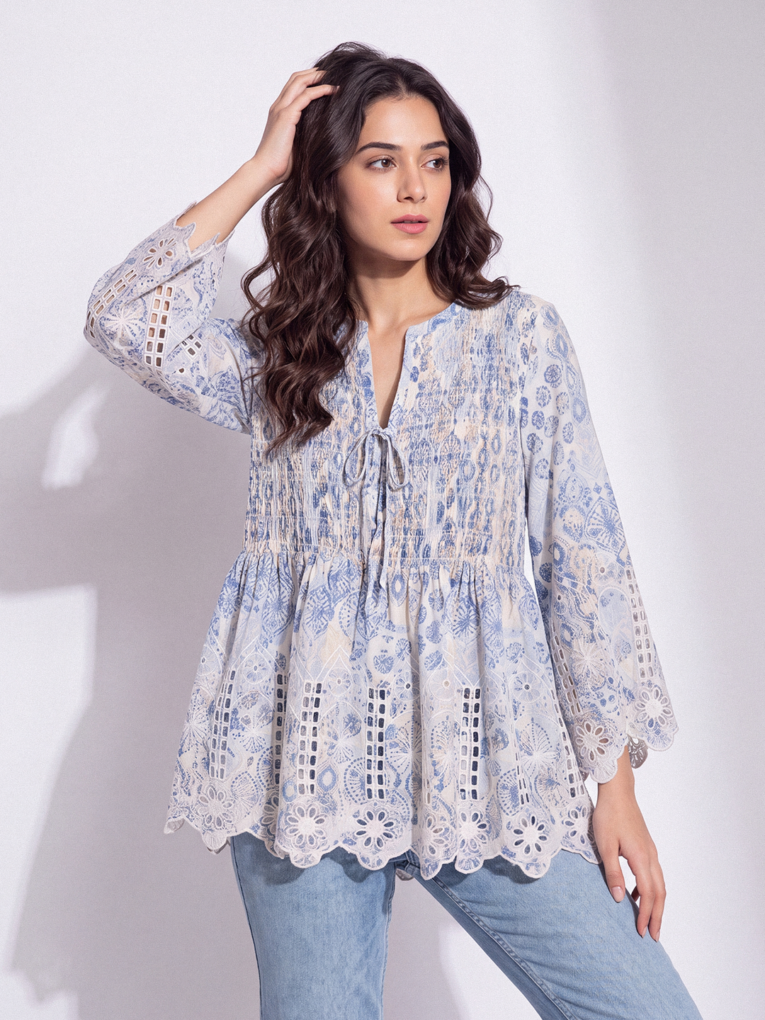 Printed Front-Tie Blouse (Blue)