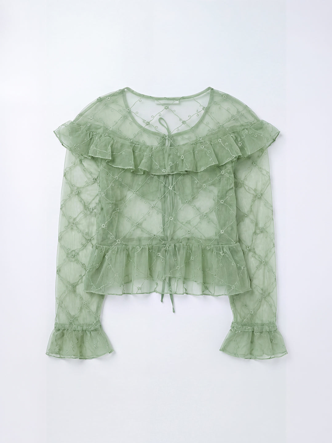 Rosette Embroidered Sheer Blouse (Soft Sage)