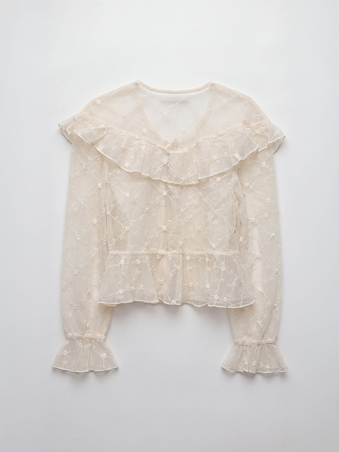 Rosette Embroidered Sheer Blouse