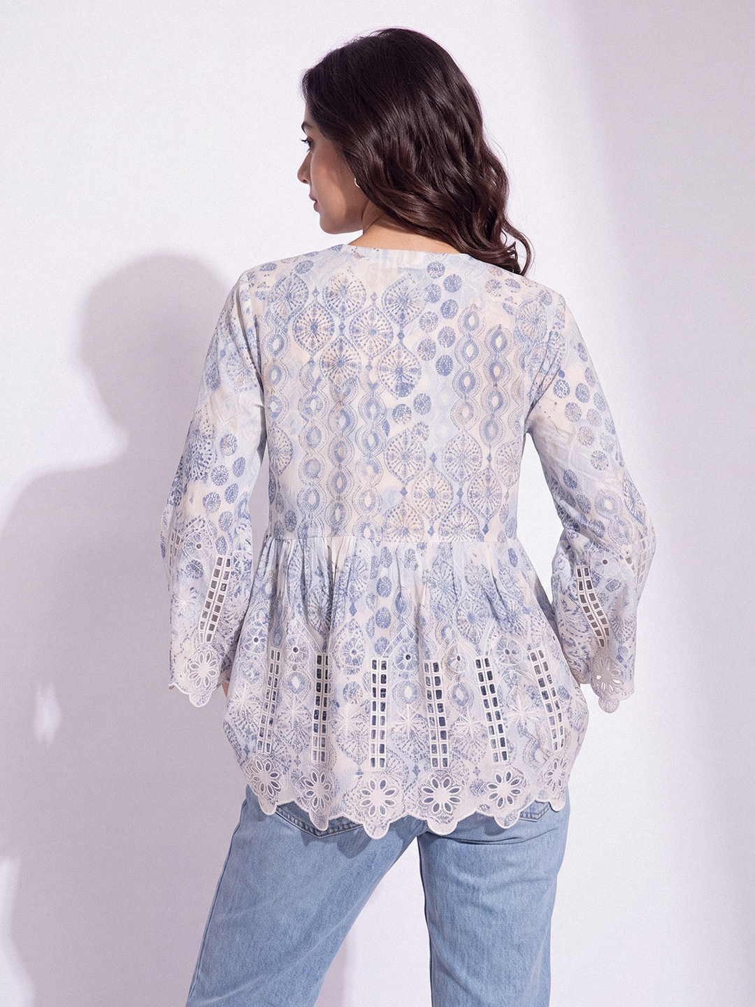 Printed Front-Tie Blouse (Blue)