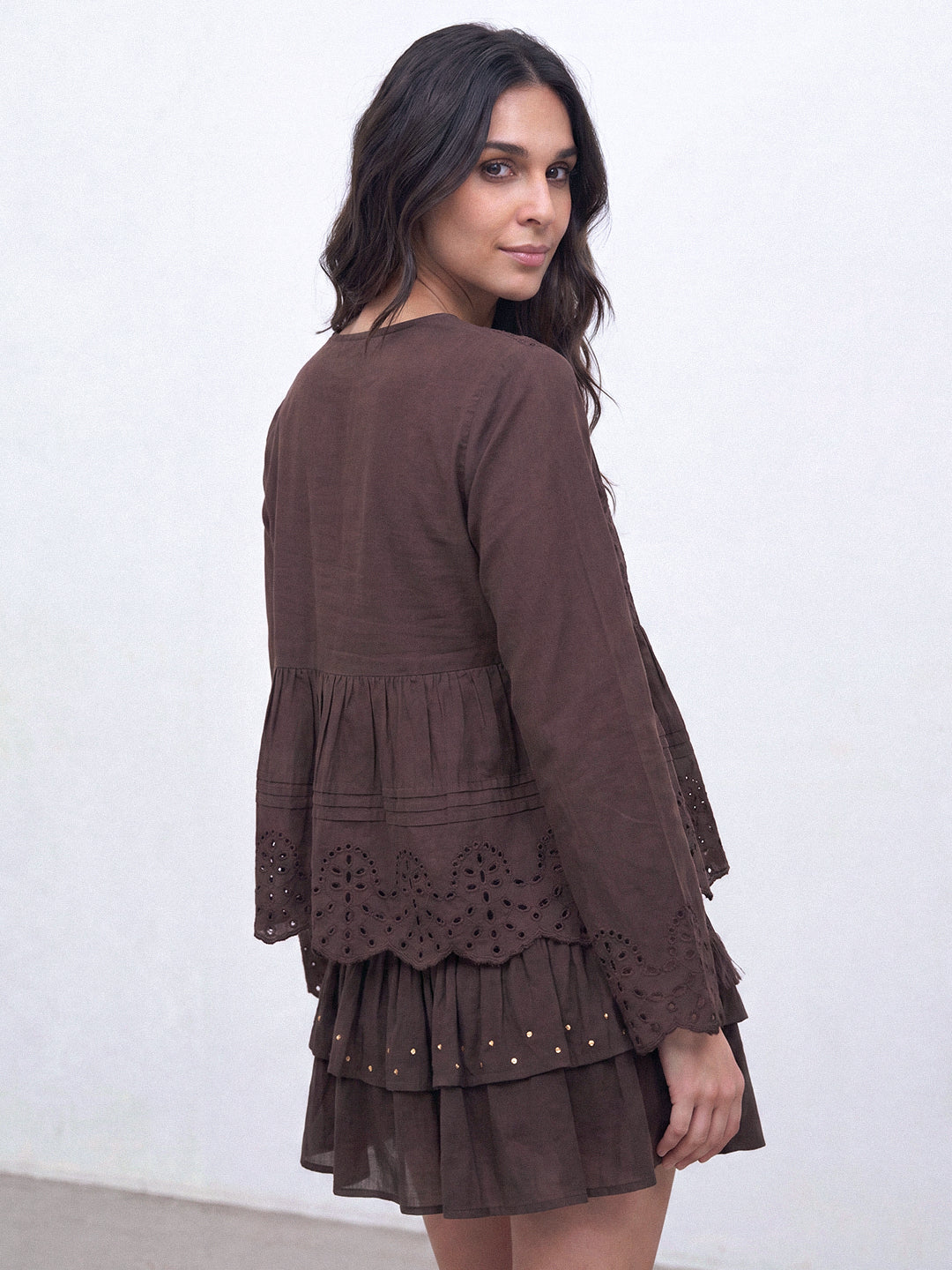 Mocha Broderie Peplum Top