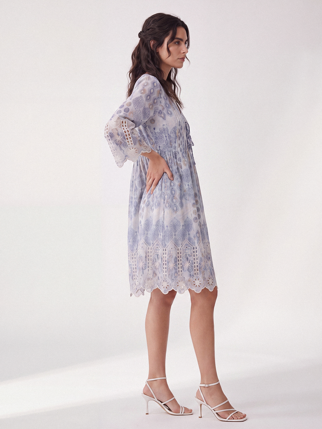 Printed Front-Tie Dress (Blue)
