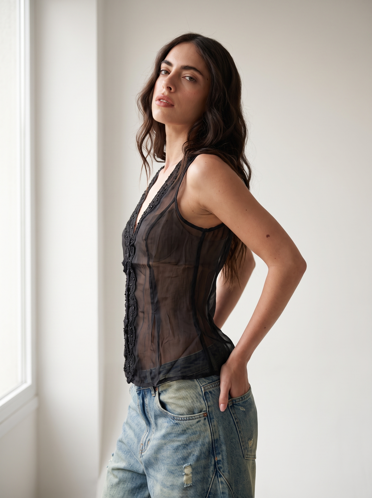 Embellished Plunge Neck Blouse