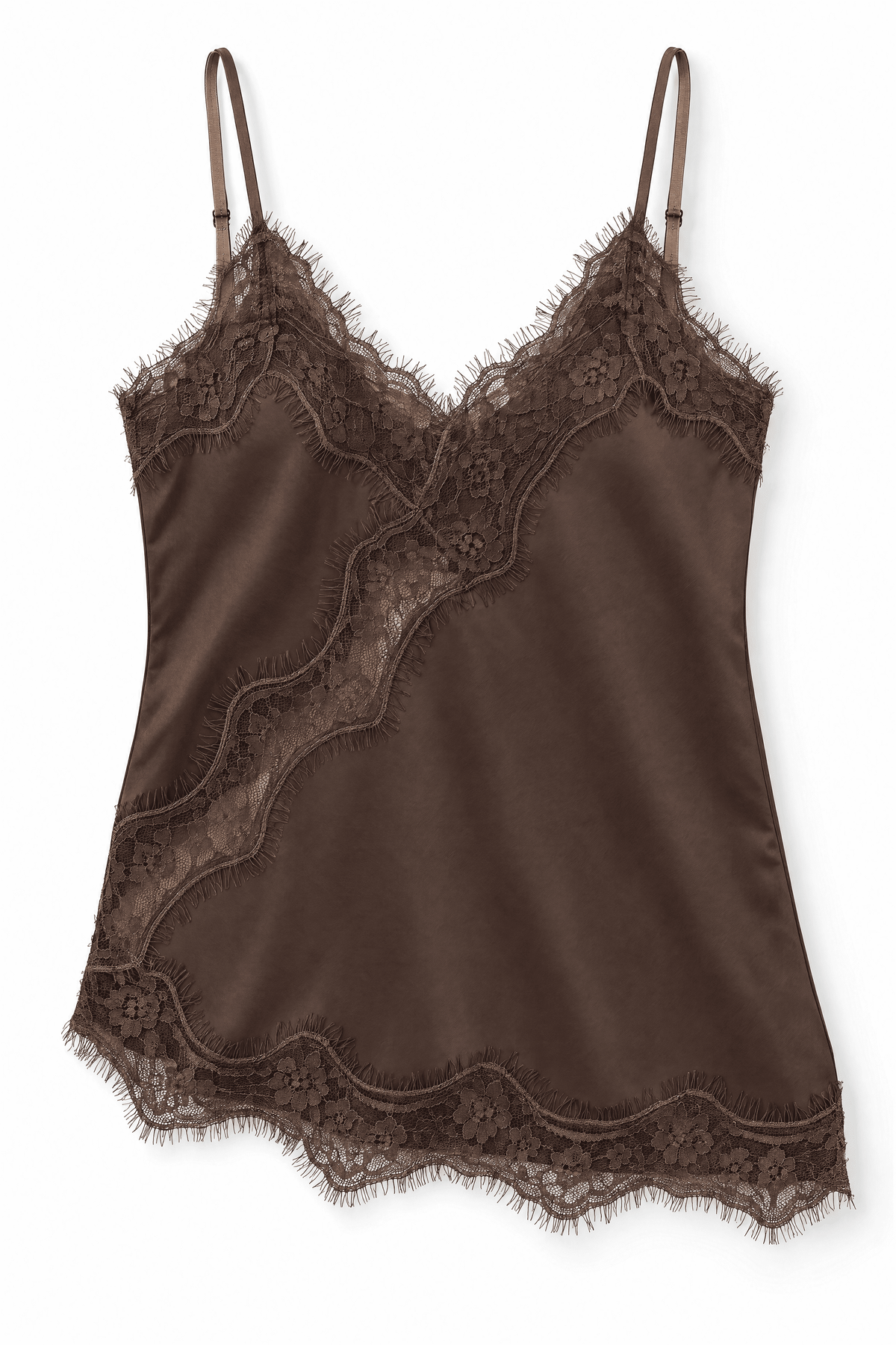Lace-Trim Satin Cami Top (Brown)