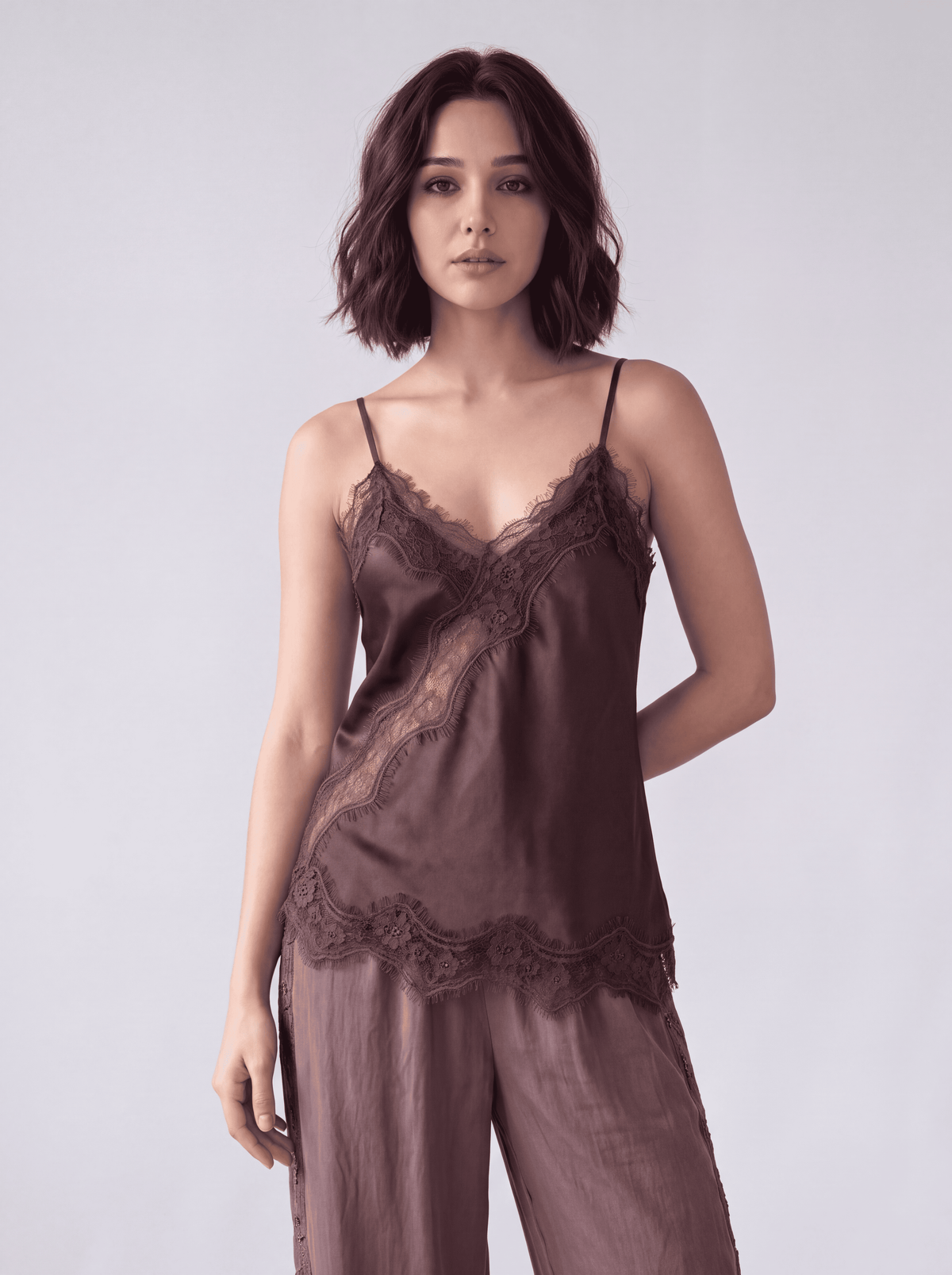 Lace-Trim Satin Cami Top (Brown)