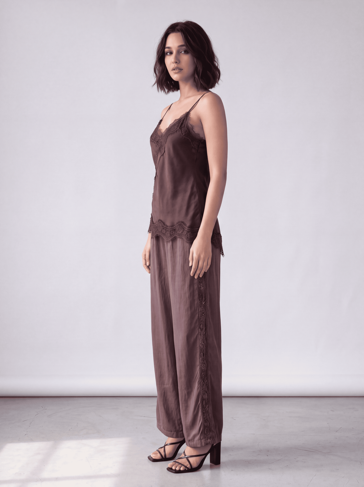 Lace-Trim Satin Cami Top (Brown)