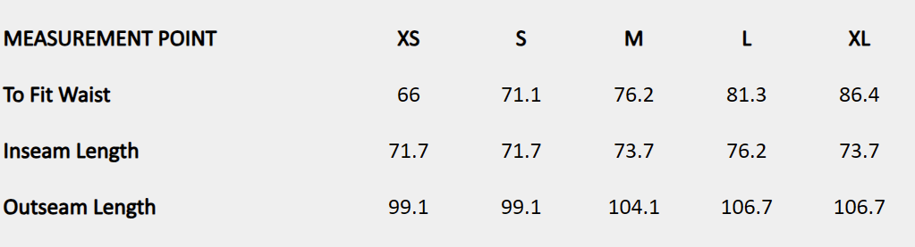 Size chart (centimeters) for Beaded wrap trousers