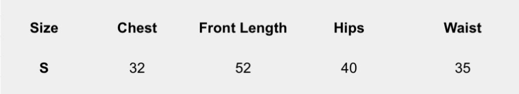 Size chart (inches) for Ivory Noir Bloom Dress