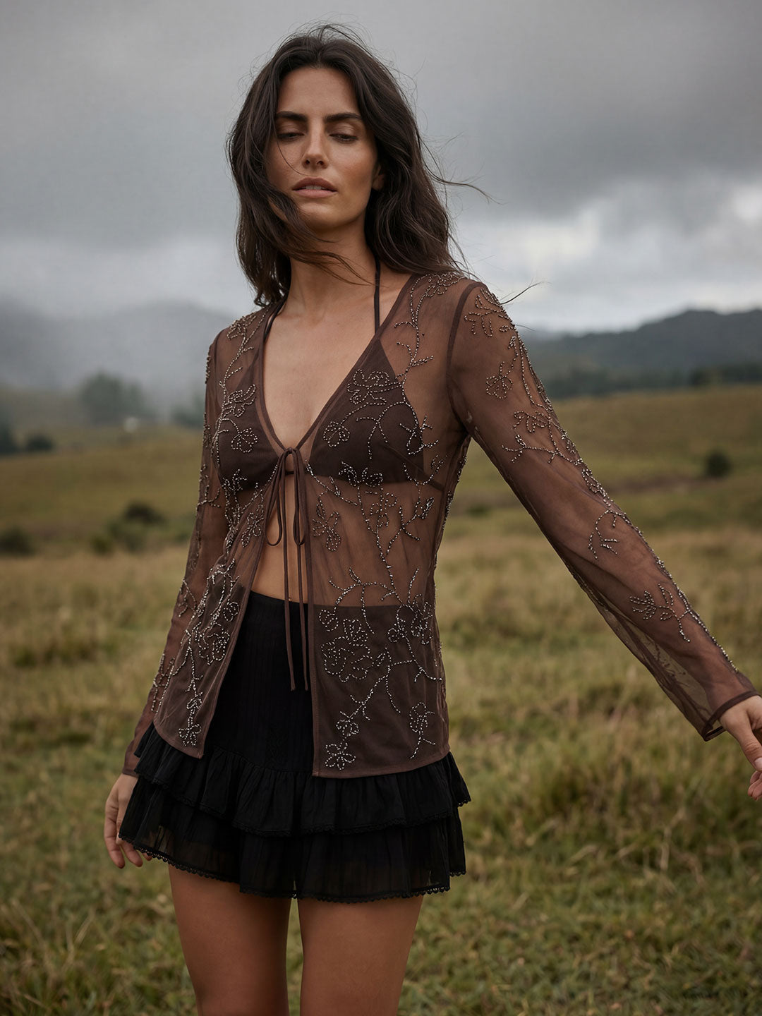Mocha Beaded Mesh Tie-Top