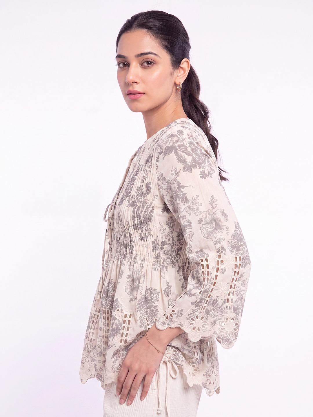 Printed Front-Tie Blouse