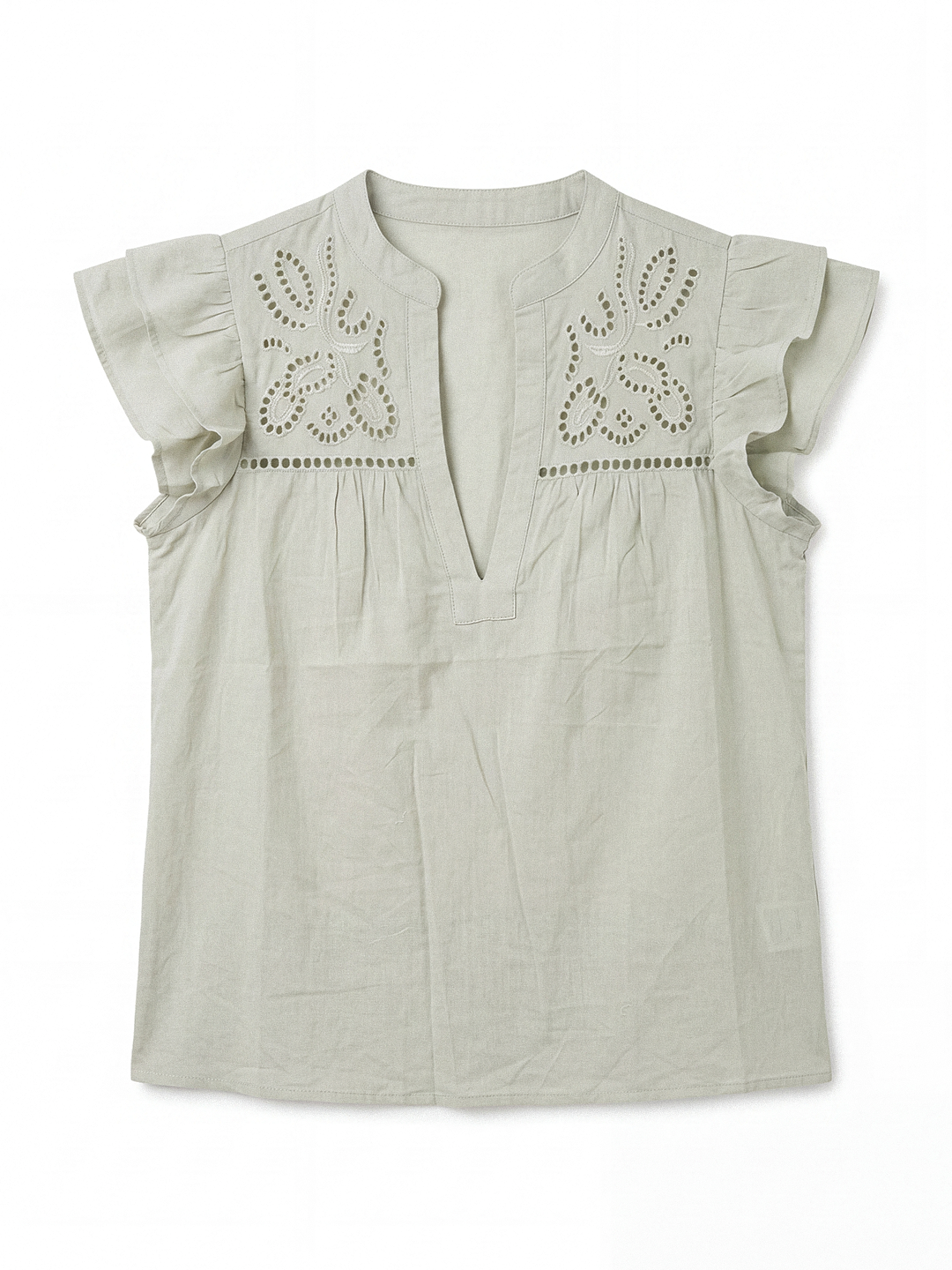 Schiffli Flutter Sleeve Top (Dusty Sage)