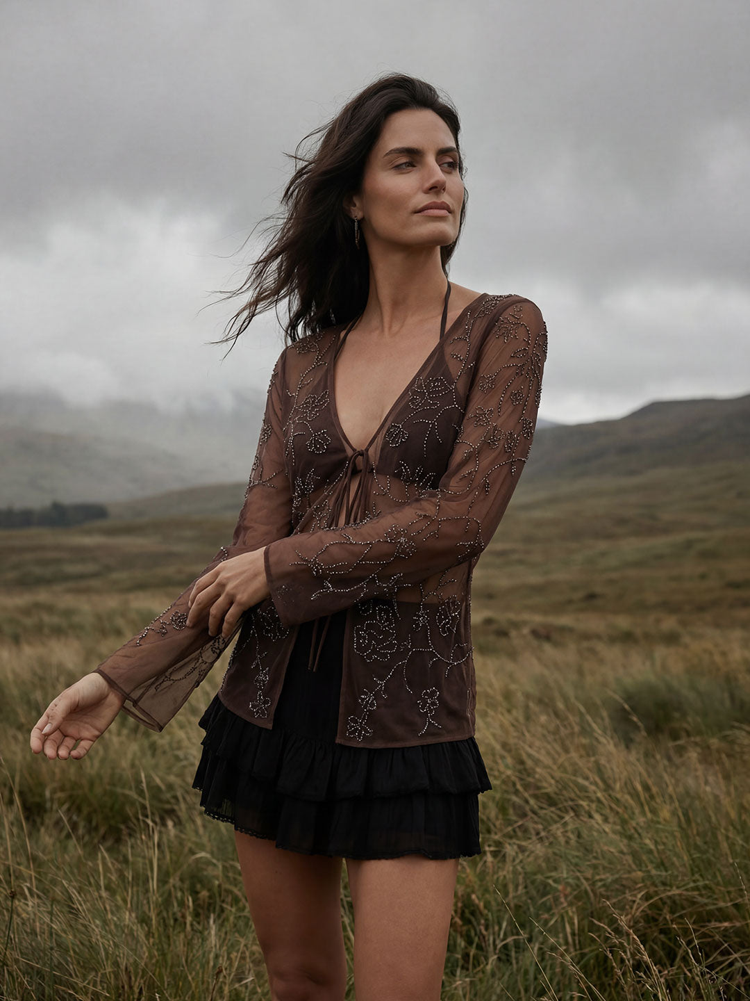 Mocha Beaded Mesh Tie-Top