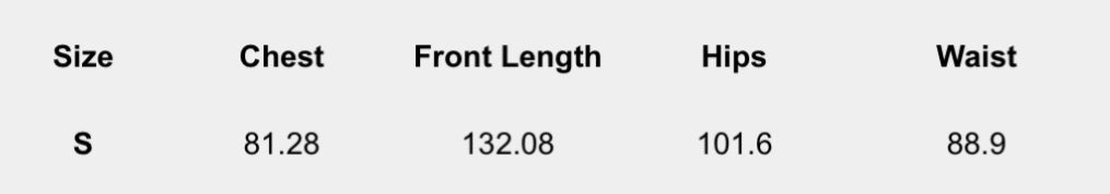 Size chart (centimeters) for Ivory Noir Bloom Dress