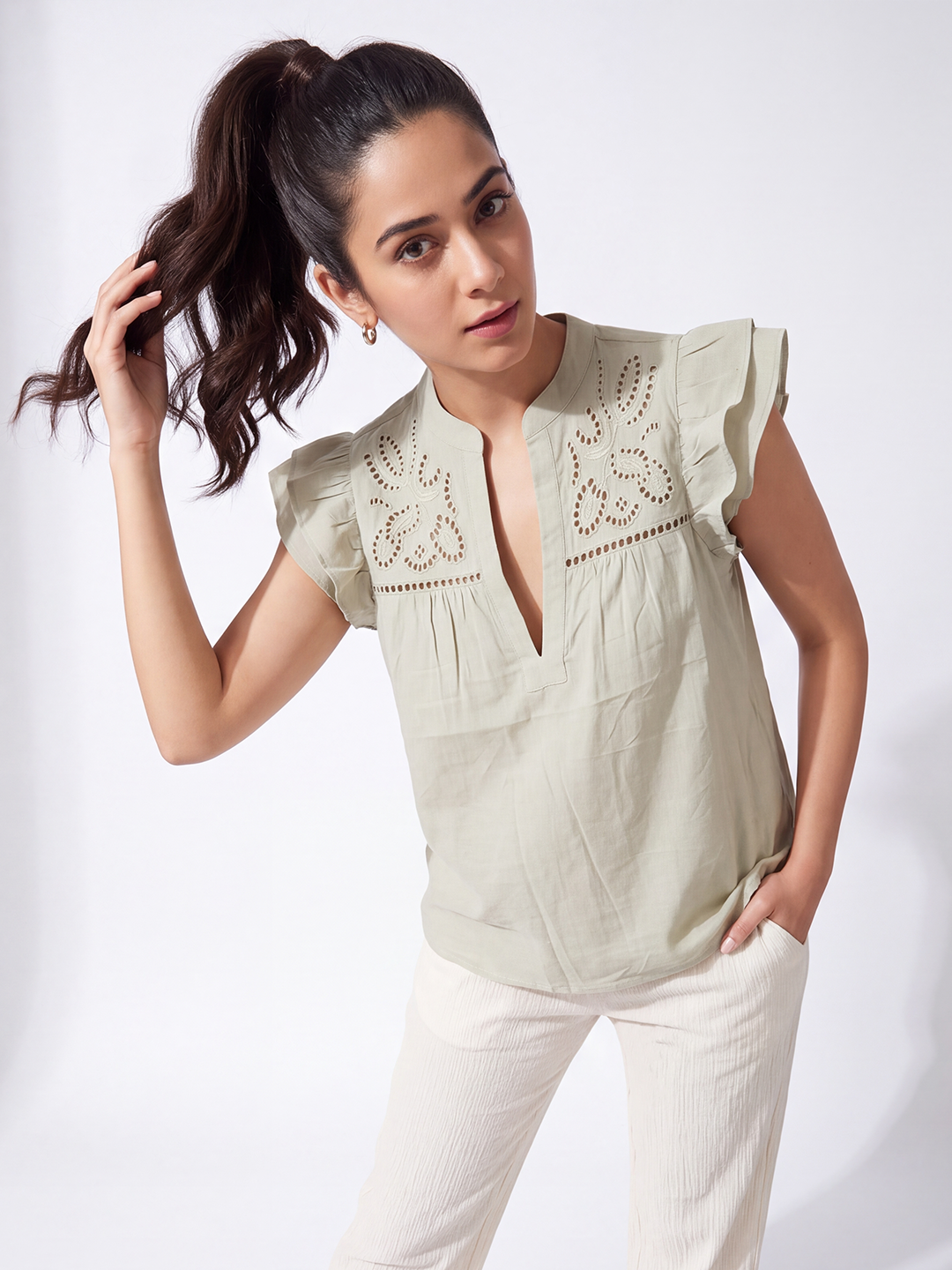 Schiffli Flutter Sleeve Top (Dusty Sage)