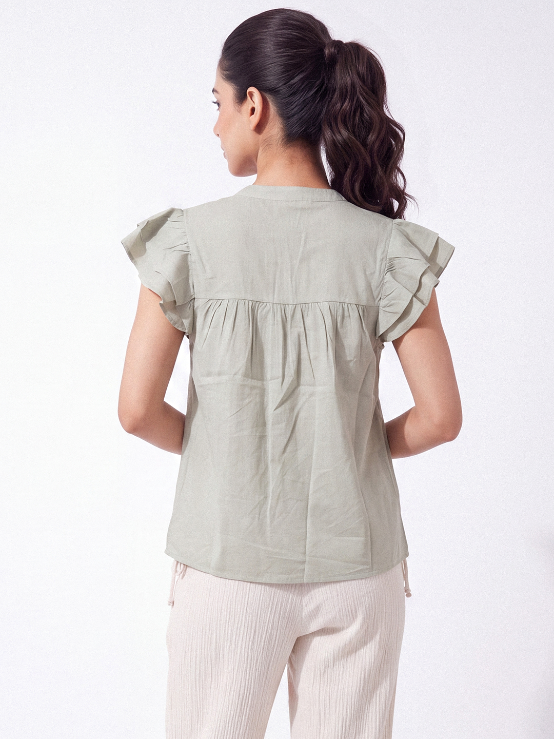 Schiffli Flutter Sleeve Top (Dusty Sage)