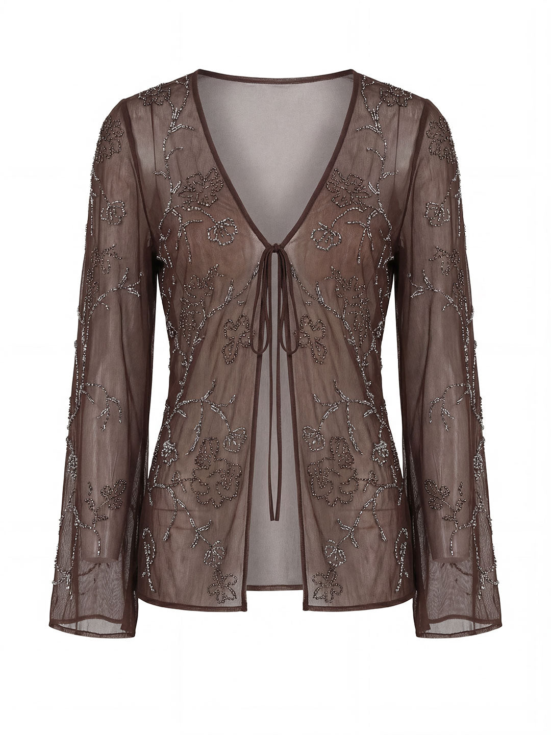 Mocha Beaded Mesh Tie-Top