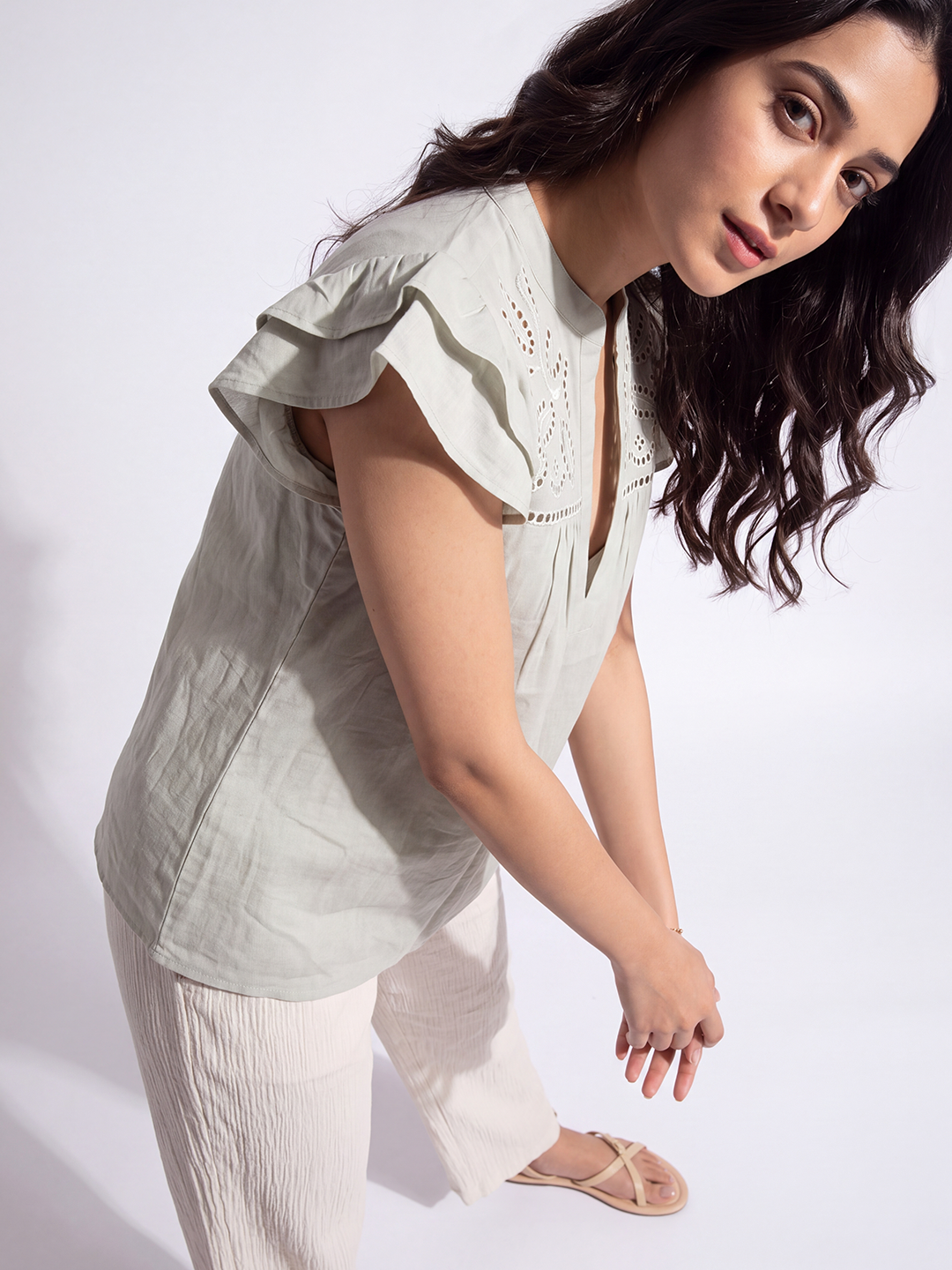 Schiffli Flutter Sleeve Top (Dusty Sage)