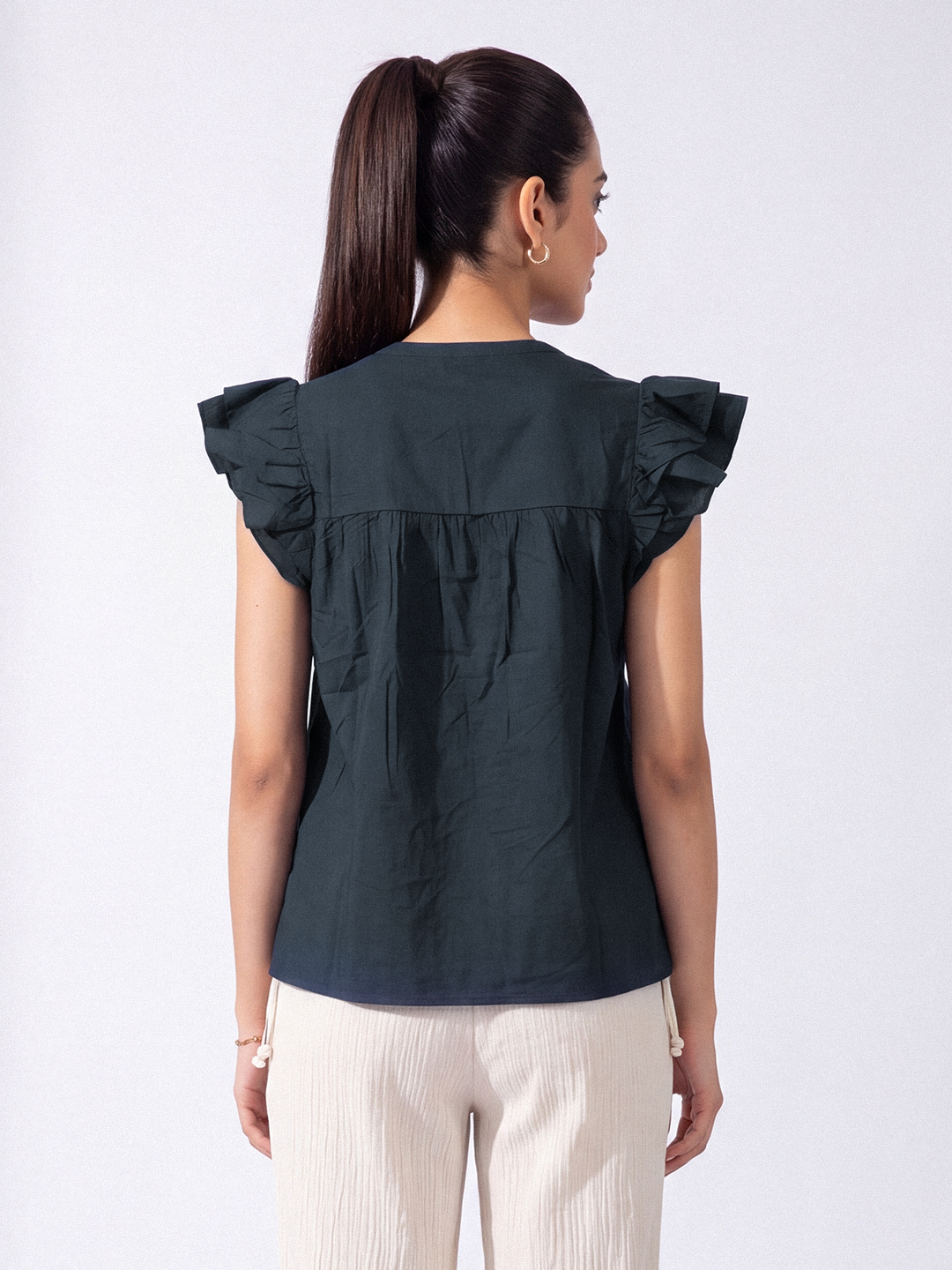 Schiffli Flutter Sleeve Top (Blue)