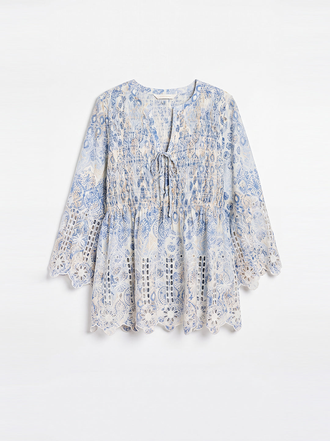 Printed Front-Tie Blouse (Blue)