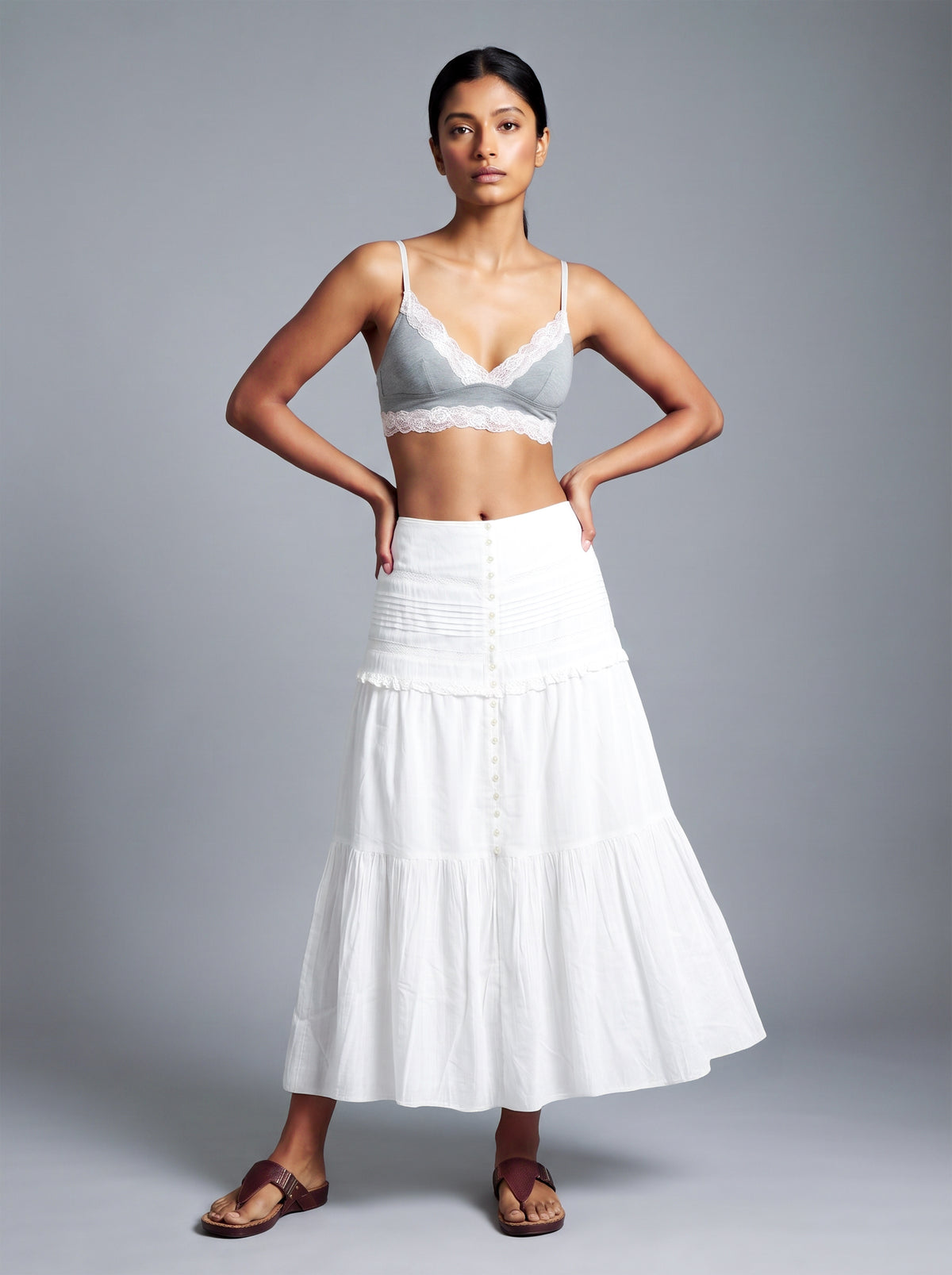 Lace-Trim Button-Front Skirt