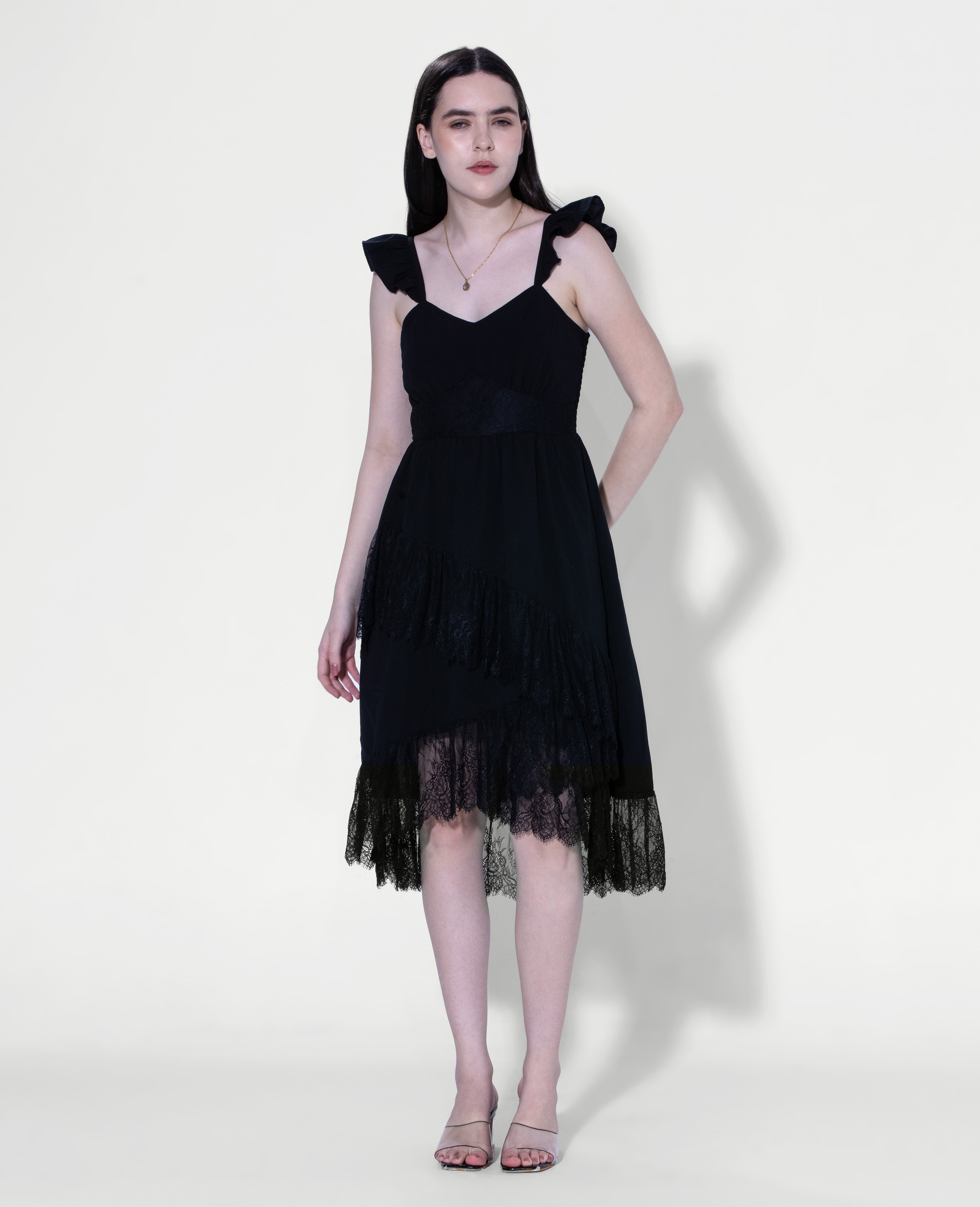 Ruffled Strap Lace Midi Dress