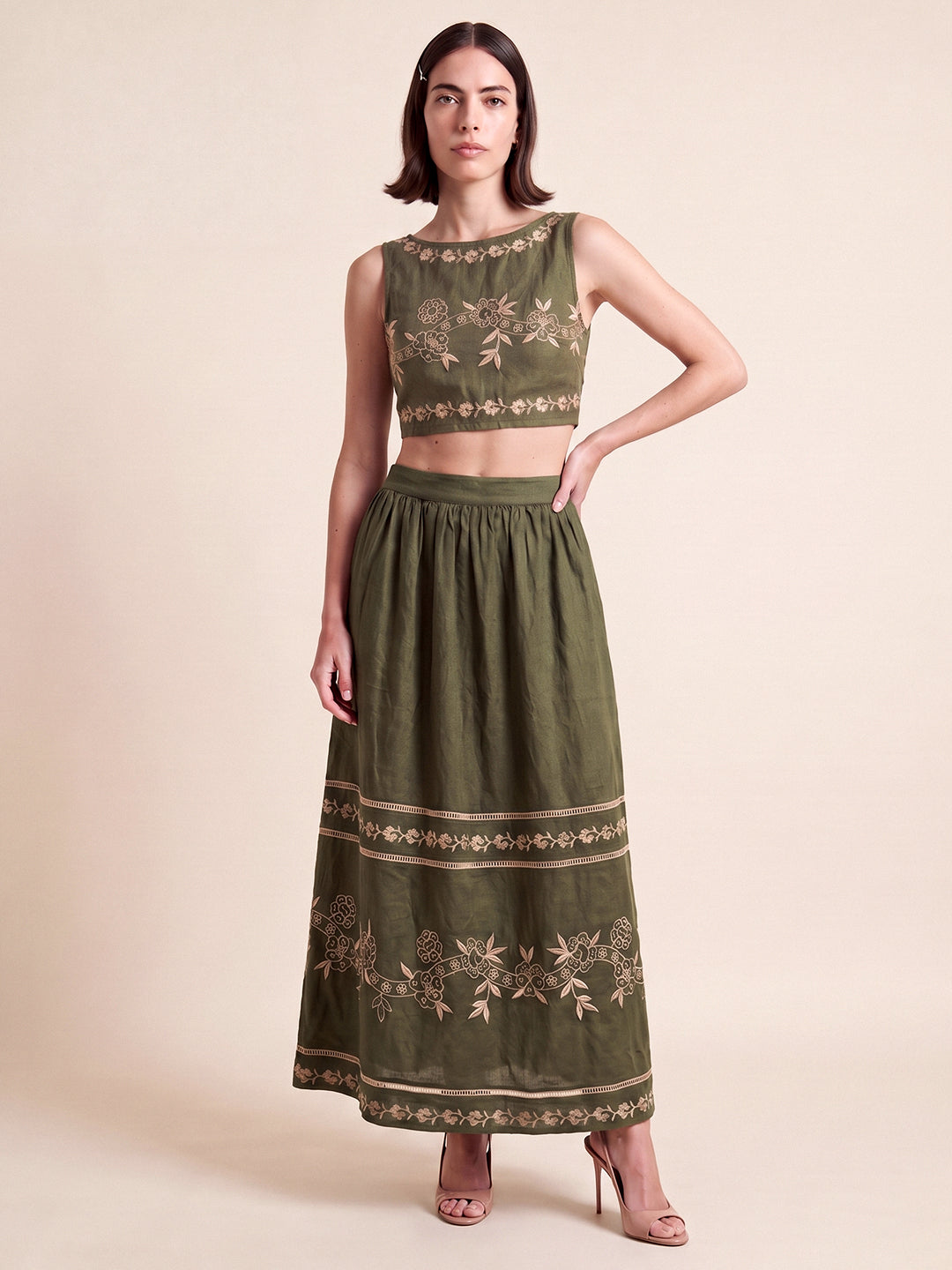 Olive Floral Embroidered Skirt