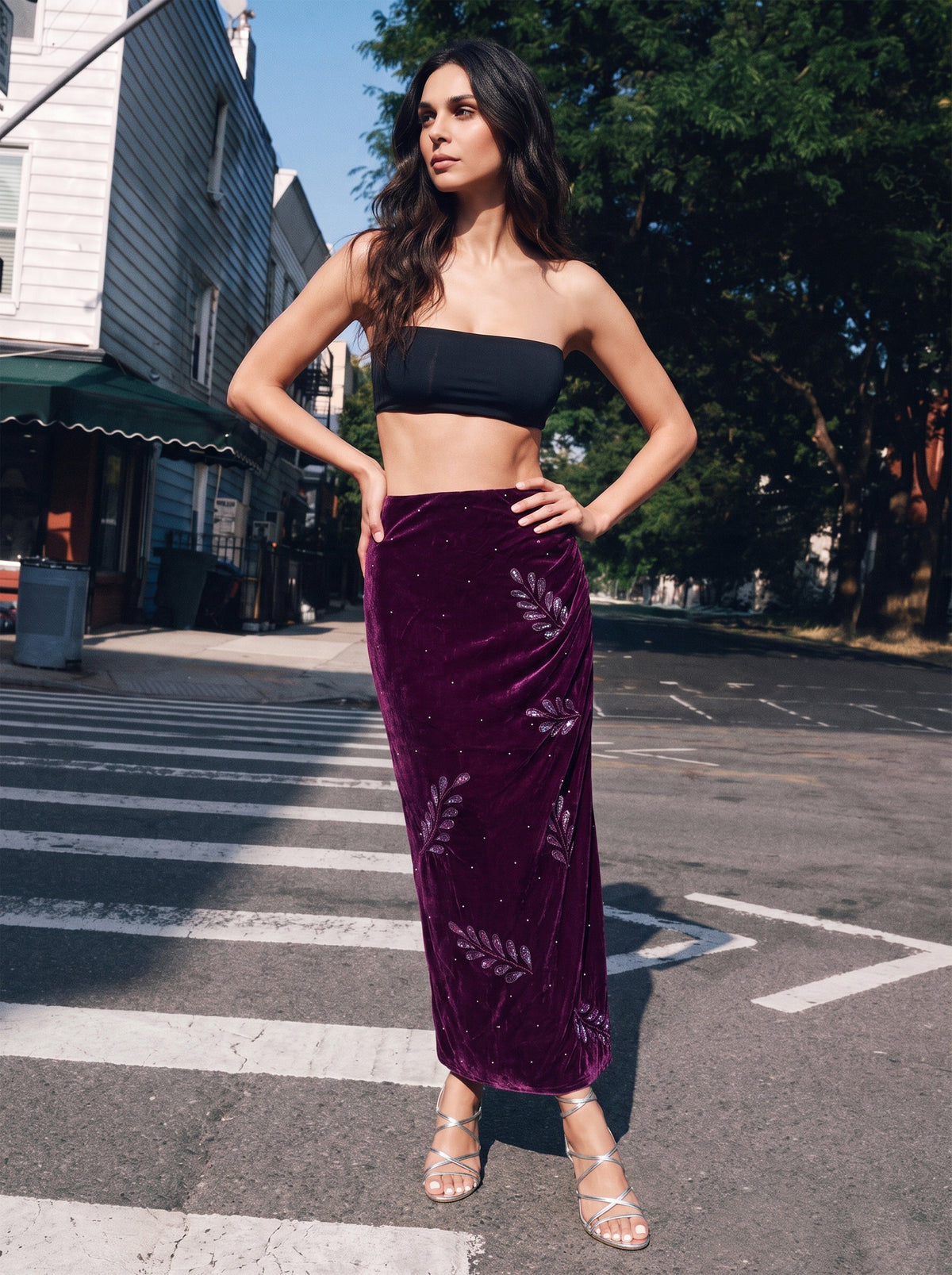 Embellished Velvet Draped Skirt