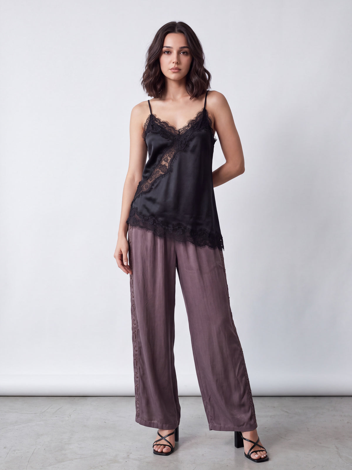 Lace-Trim Satin Cami Top (Black)